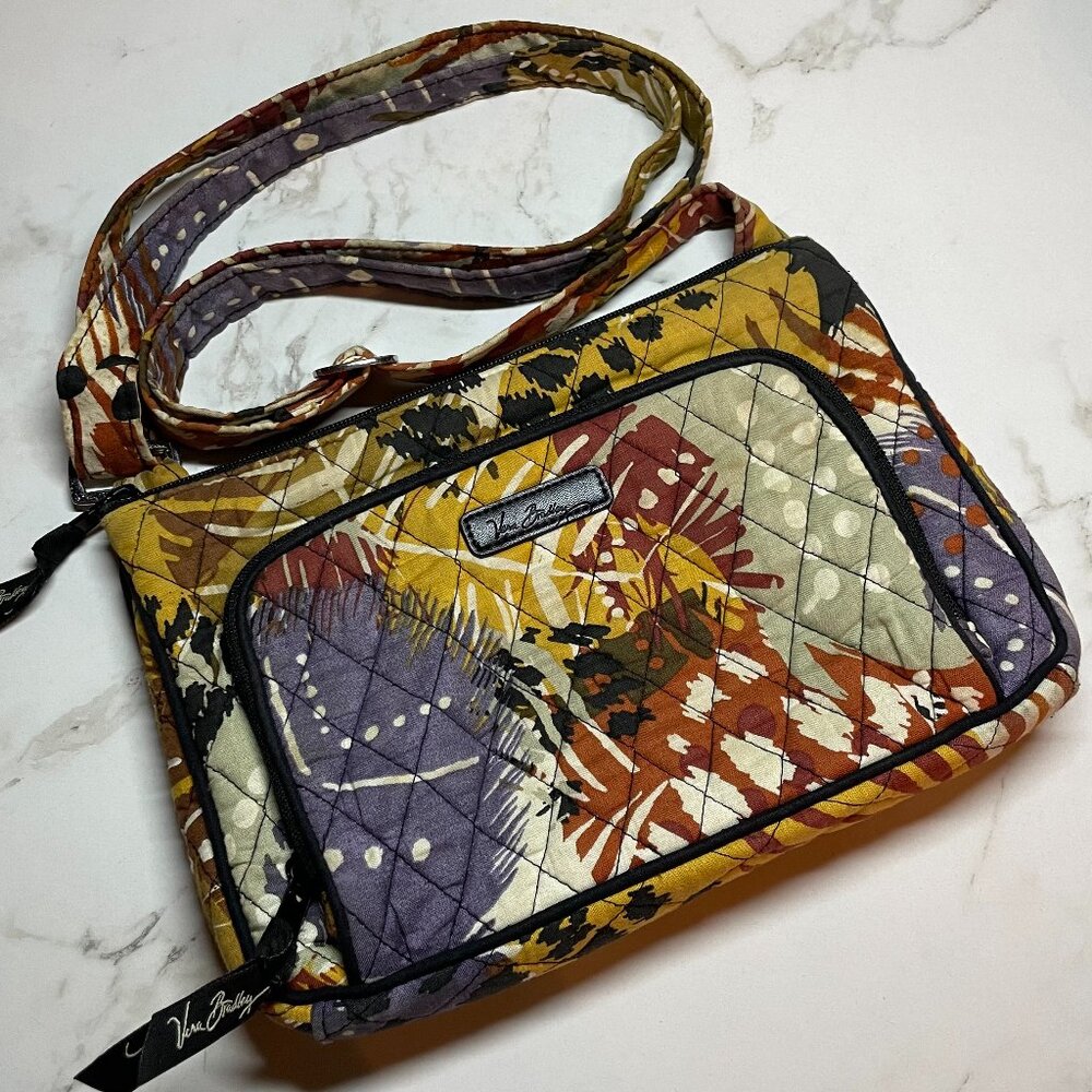 Vera Bradley Purple Brown Yellow Hipster Crossbody Purse Painted Feathers Print